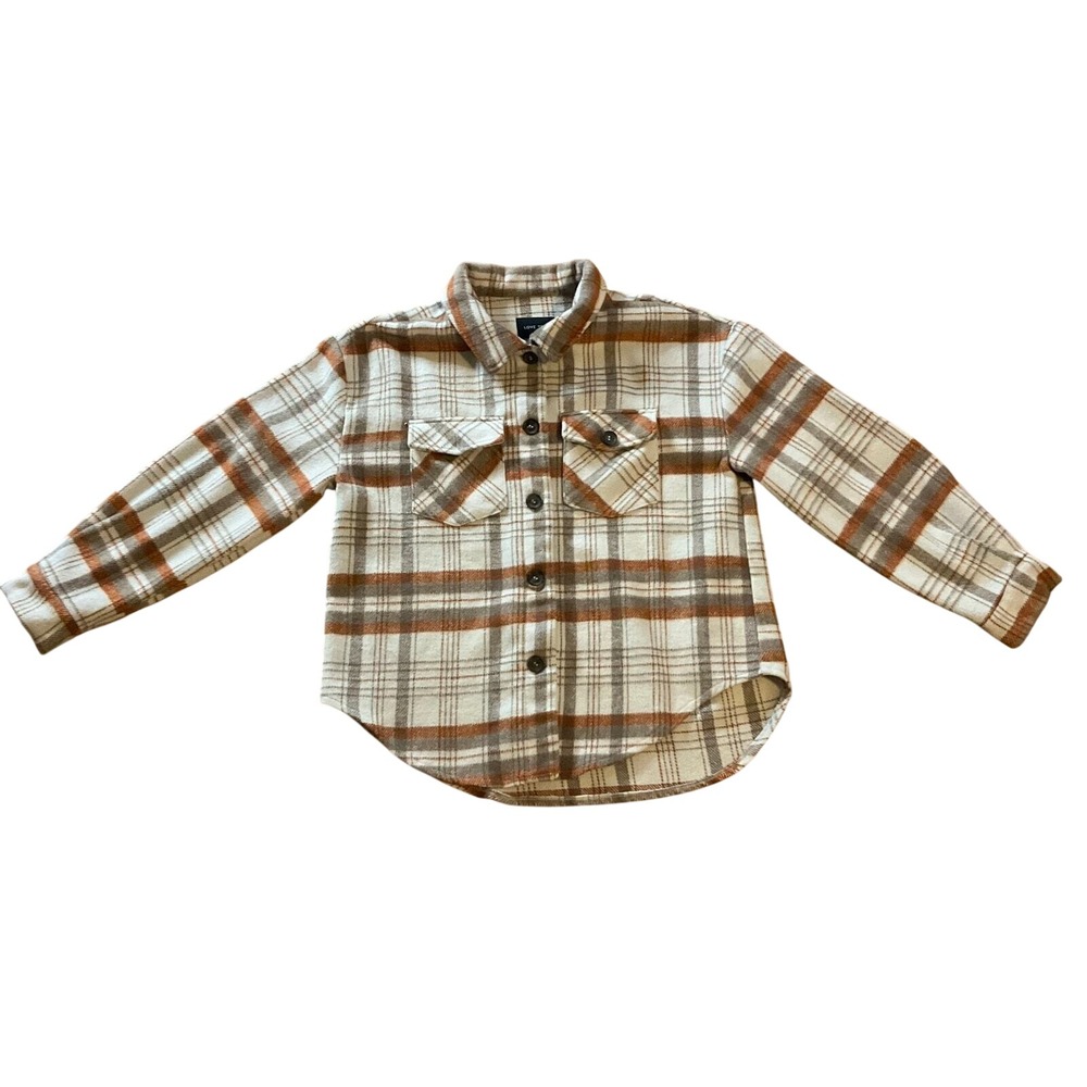 Love Tree Plaid Flannel Shacket Shirt Jacket Women L Brown Cream Long Sleeve